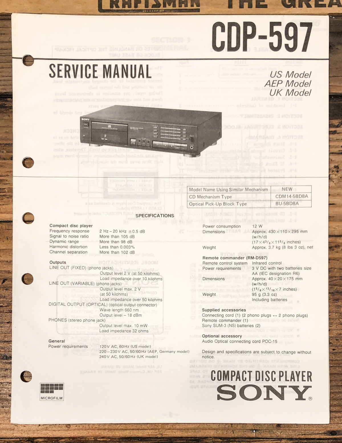 Sony CDP-597 CD Player Service Manual *Original*