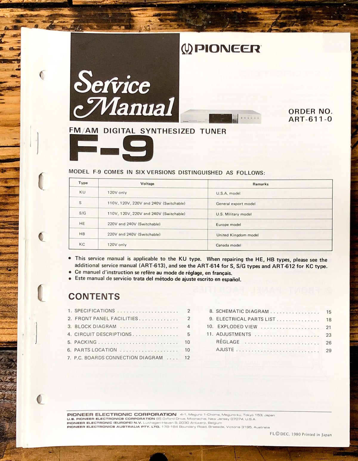 Pioneer F-9 Tuner Service Manual *Original*
