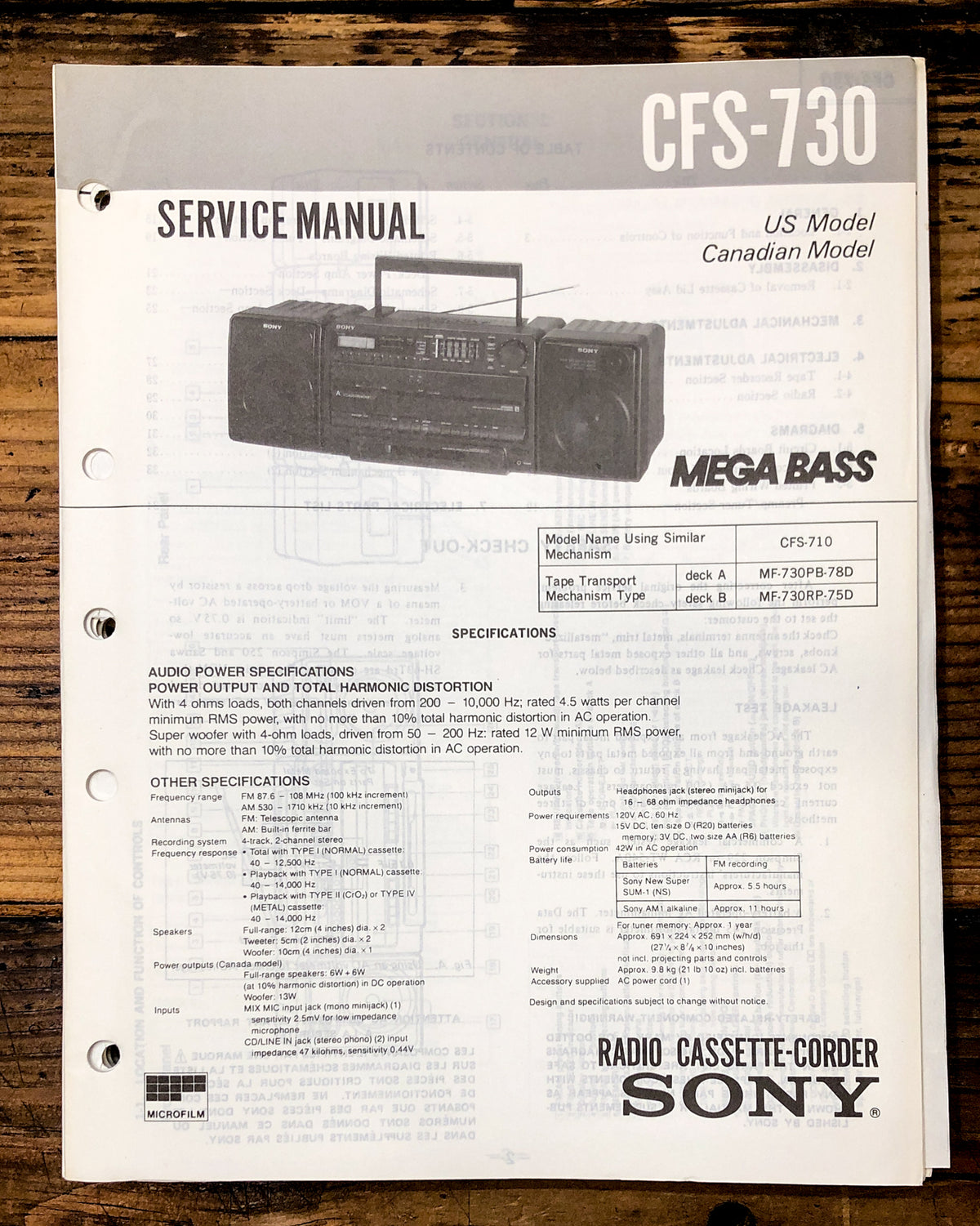 Sony CFS-730 Radio / Stereo Service Manual *Original*