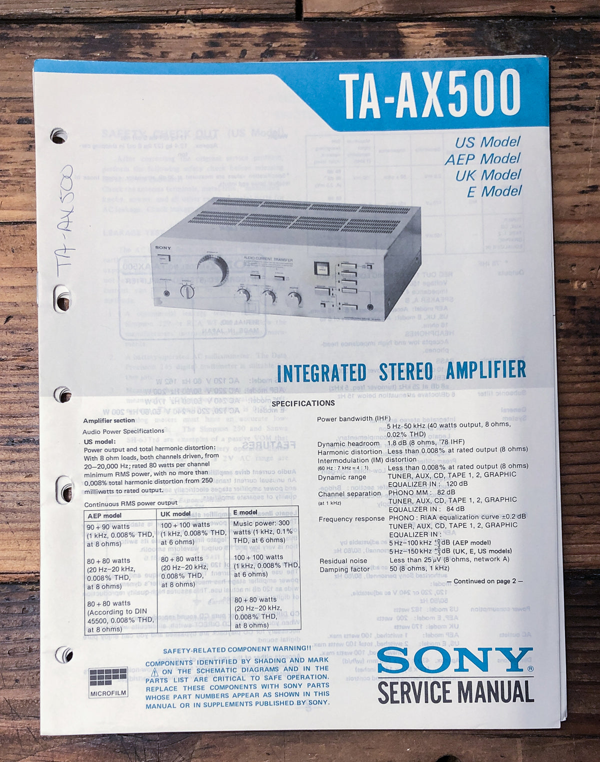 Sony TA-AX500 Amplifier Service Manual *Original*