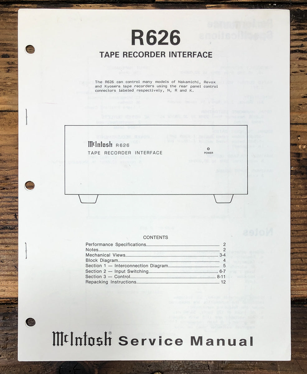 McIntosh R-626 R626 Tape Recorder Interface Service Manual *Original*