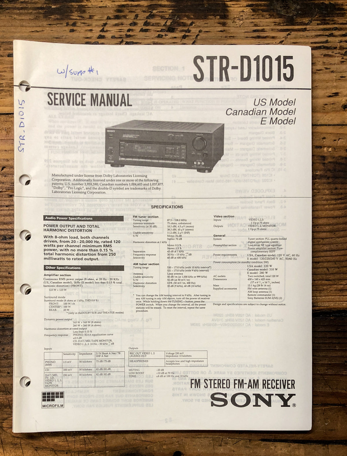 Sony STR-D1015 Receiver Service Manual *Original*