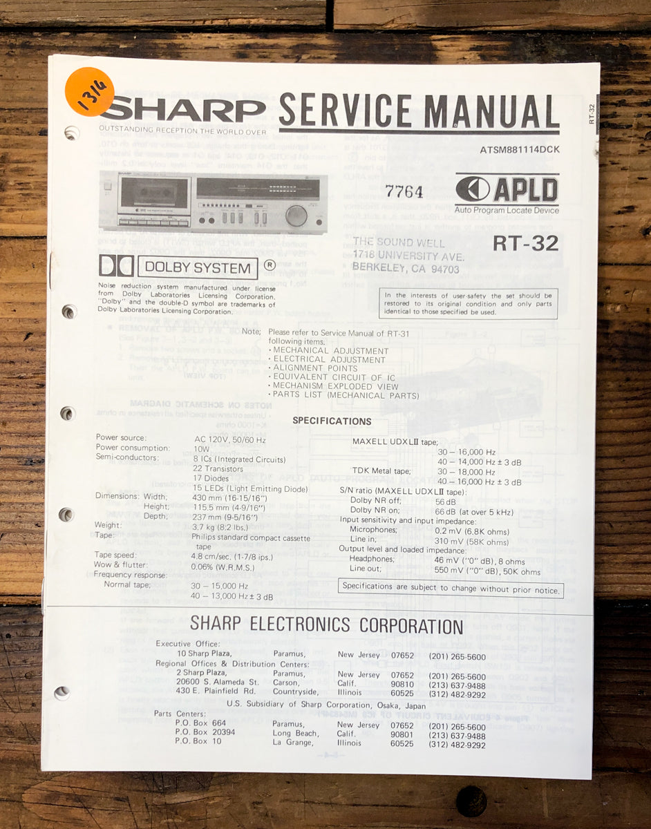 Sharp RT-32 Cassette Service Manual *Original*