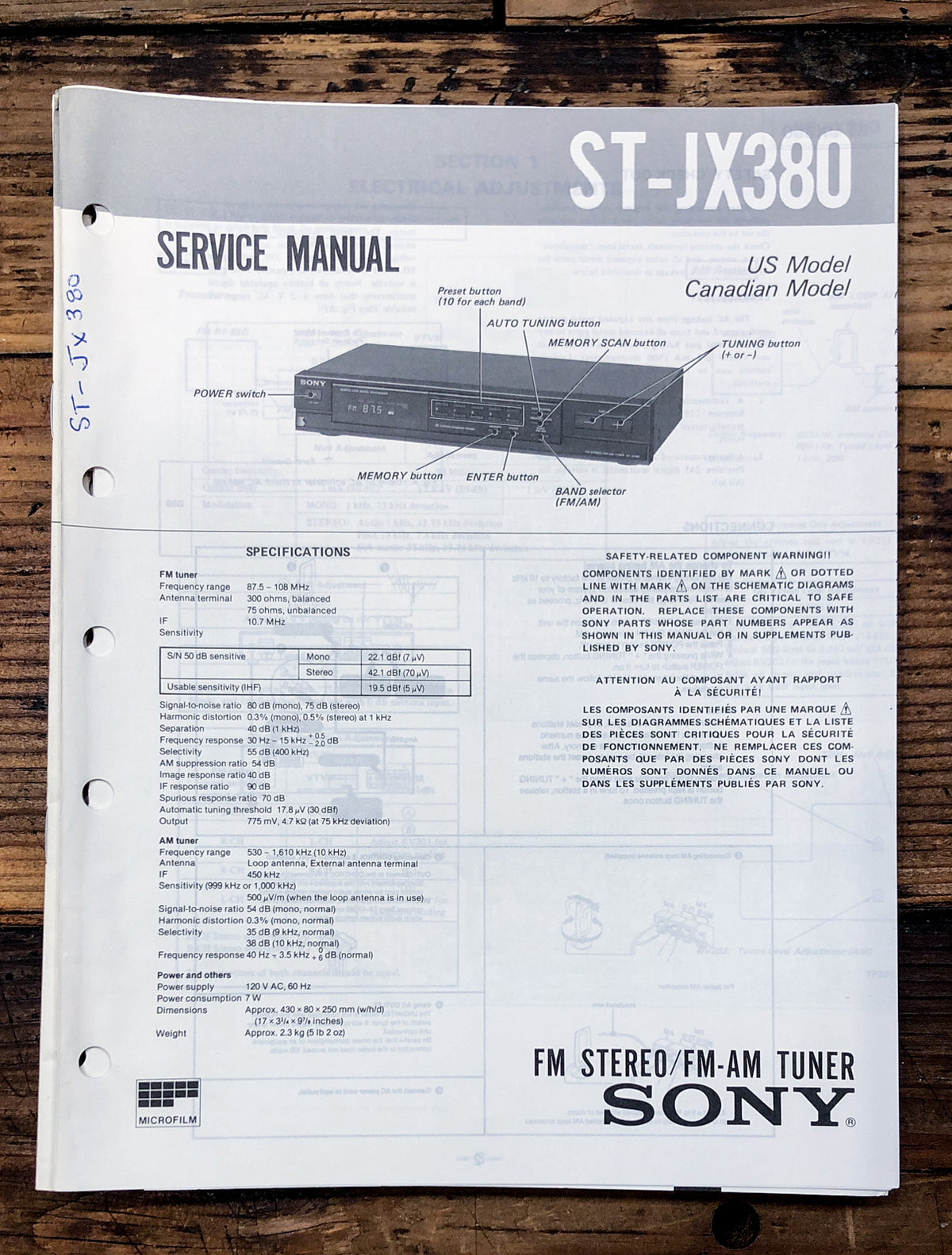 Sony ST-JX380 Tuner Service Manual *Original*