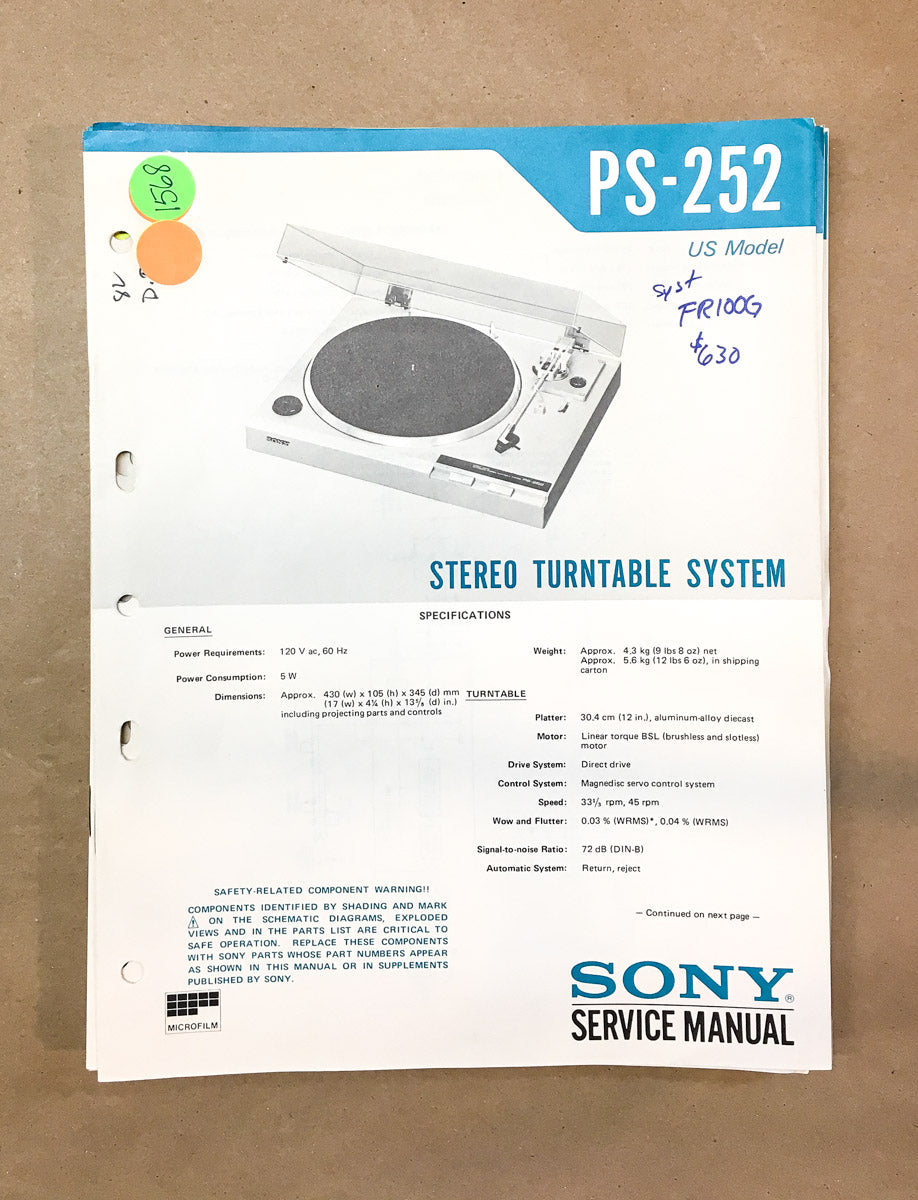 Sony PS-252 Record Player / Turntable Service Manual *Original*