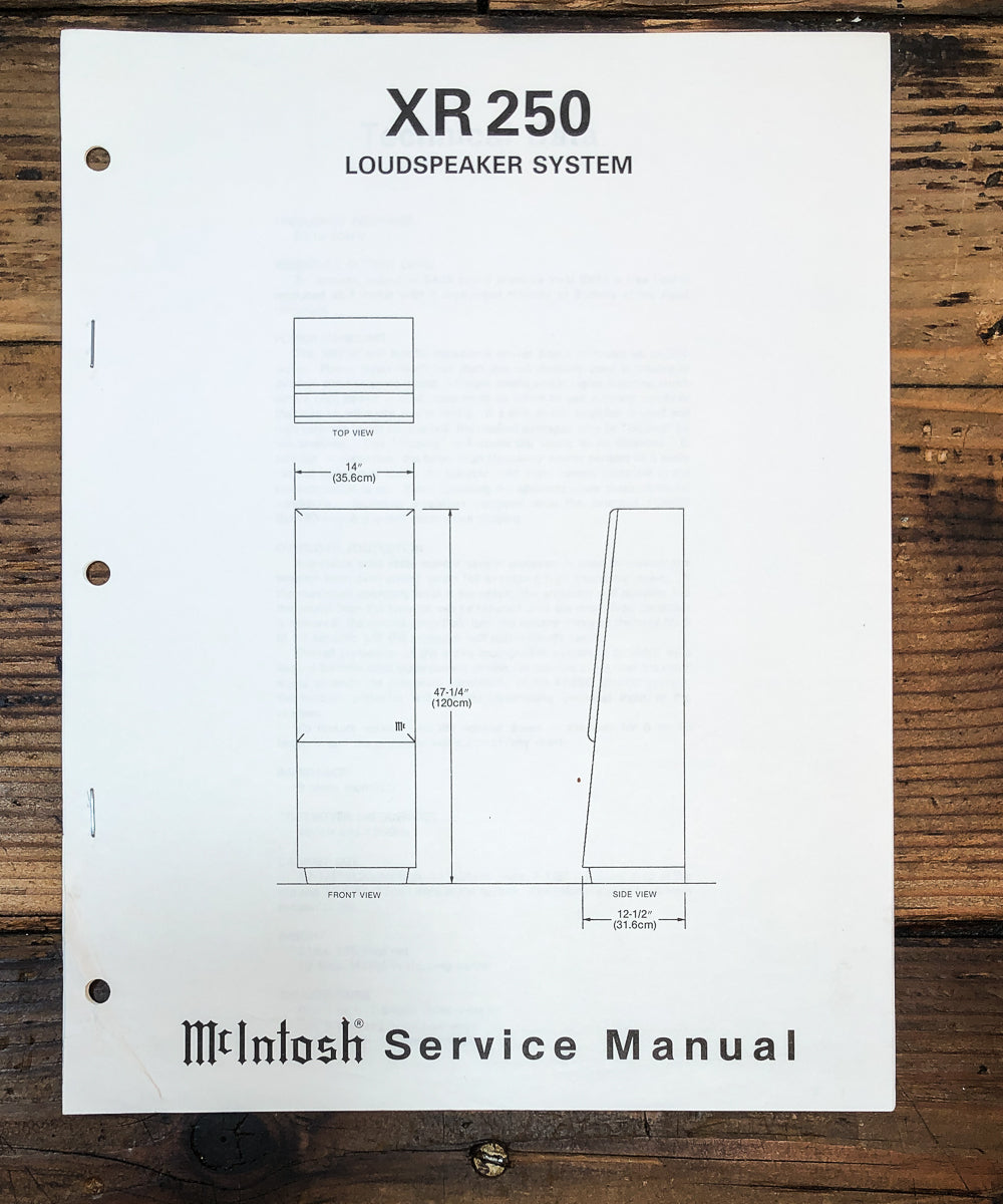 McIntosh XR-250 XR250 Speaker Service Manual *Original*