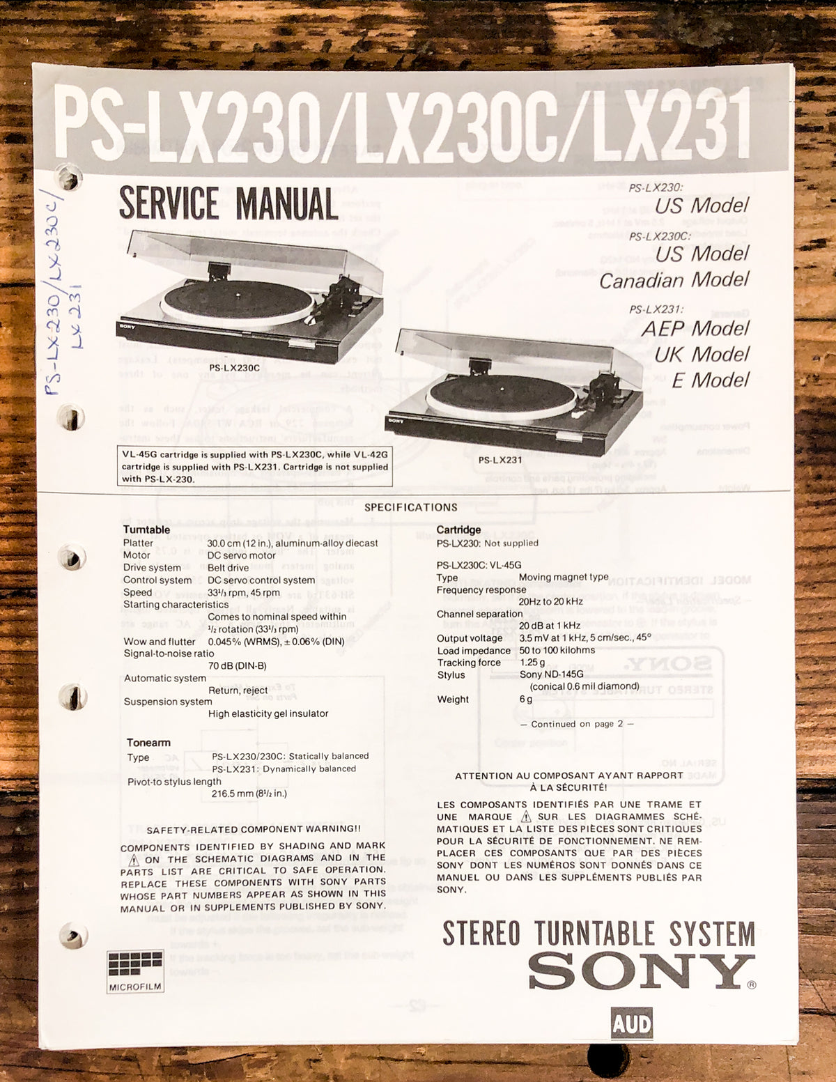 Sony PS-LX230 -LX230C -LX231 Turntable Service Manual *Original*