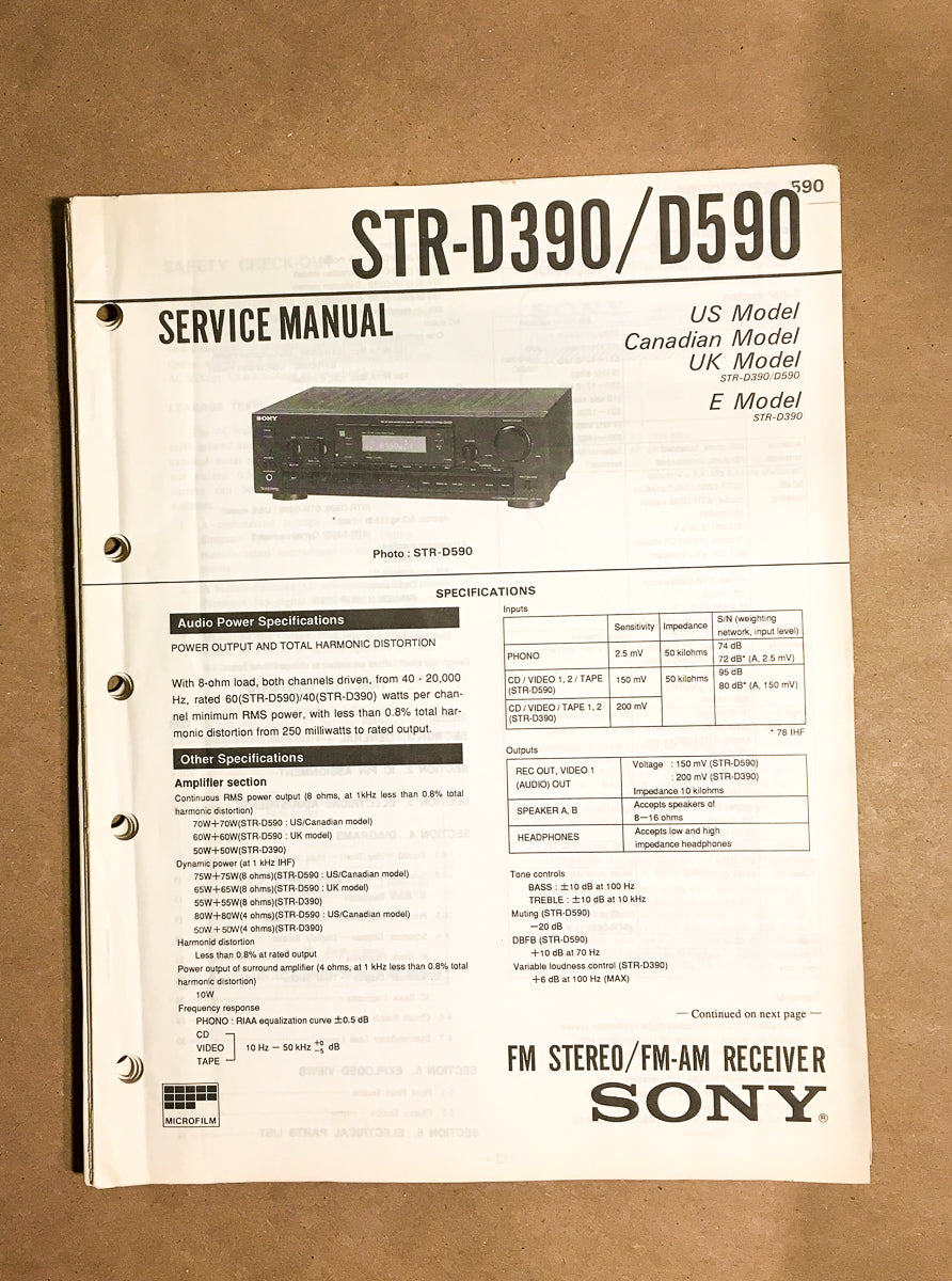 Sony STR-D390 STR-D590 Receiver Service Manual *Original*