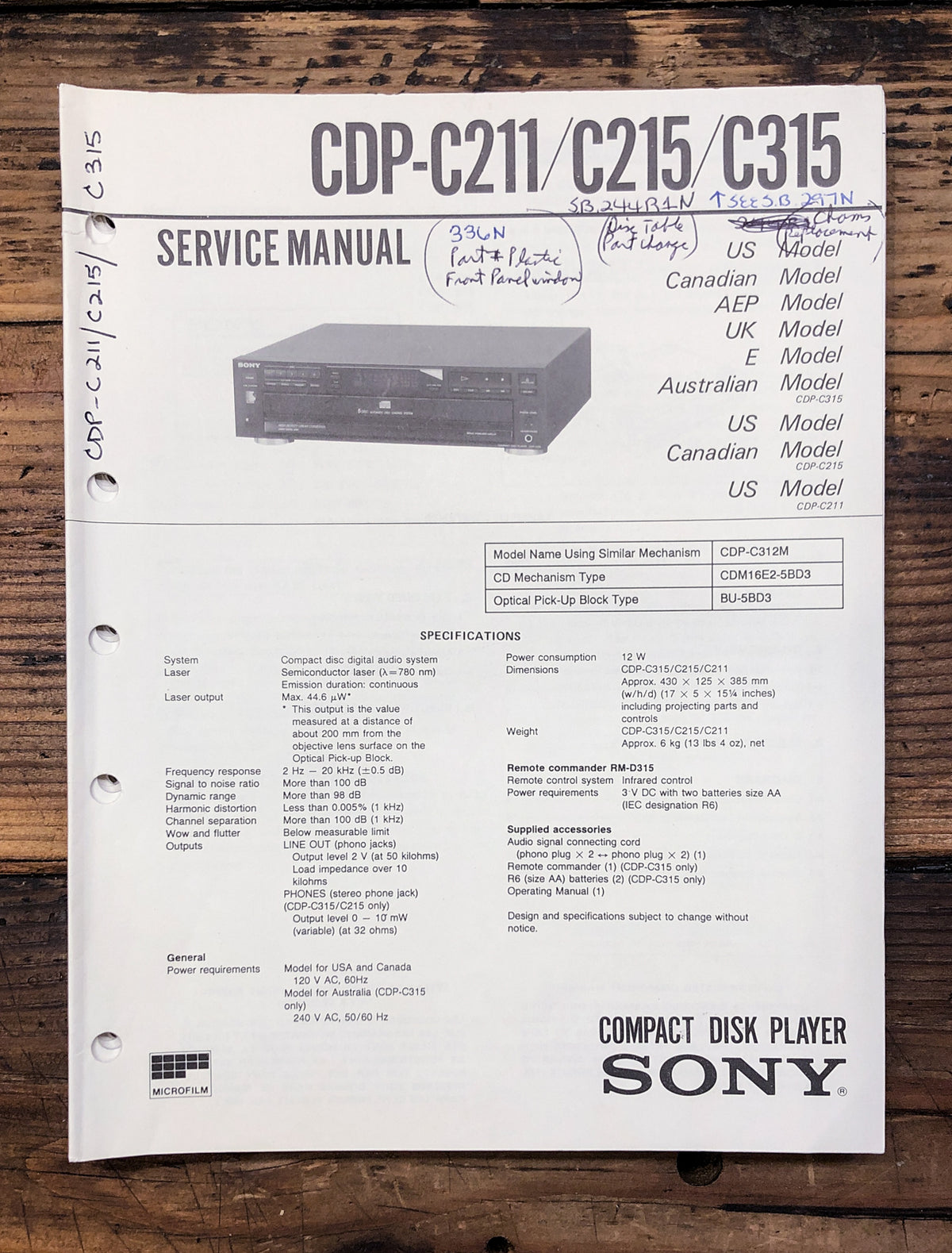 Sony CDP-C211 -C215 -C315 CD Player Service Manual *Original*