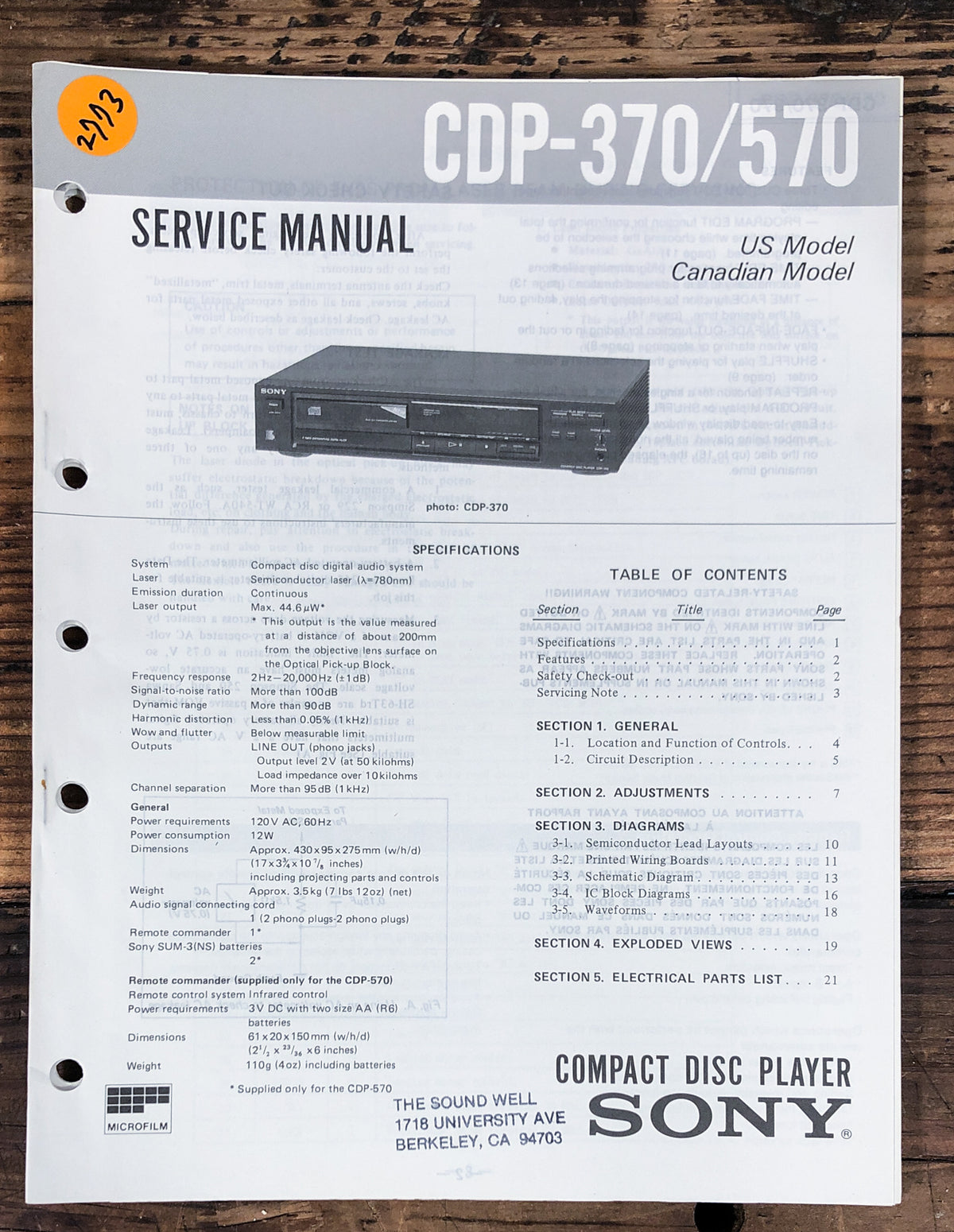Sony CDP-370 CDP-570 CD Player Service Manual *Original*