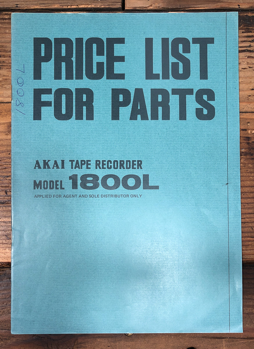 Akai Model 1800L Reel to Reel Parts Price ListService Manual *Original*