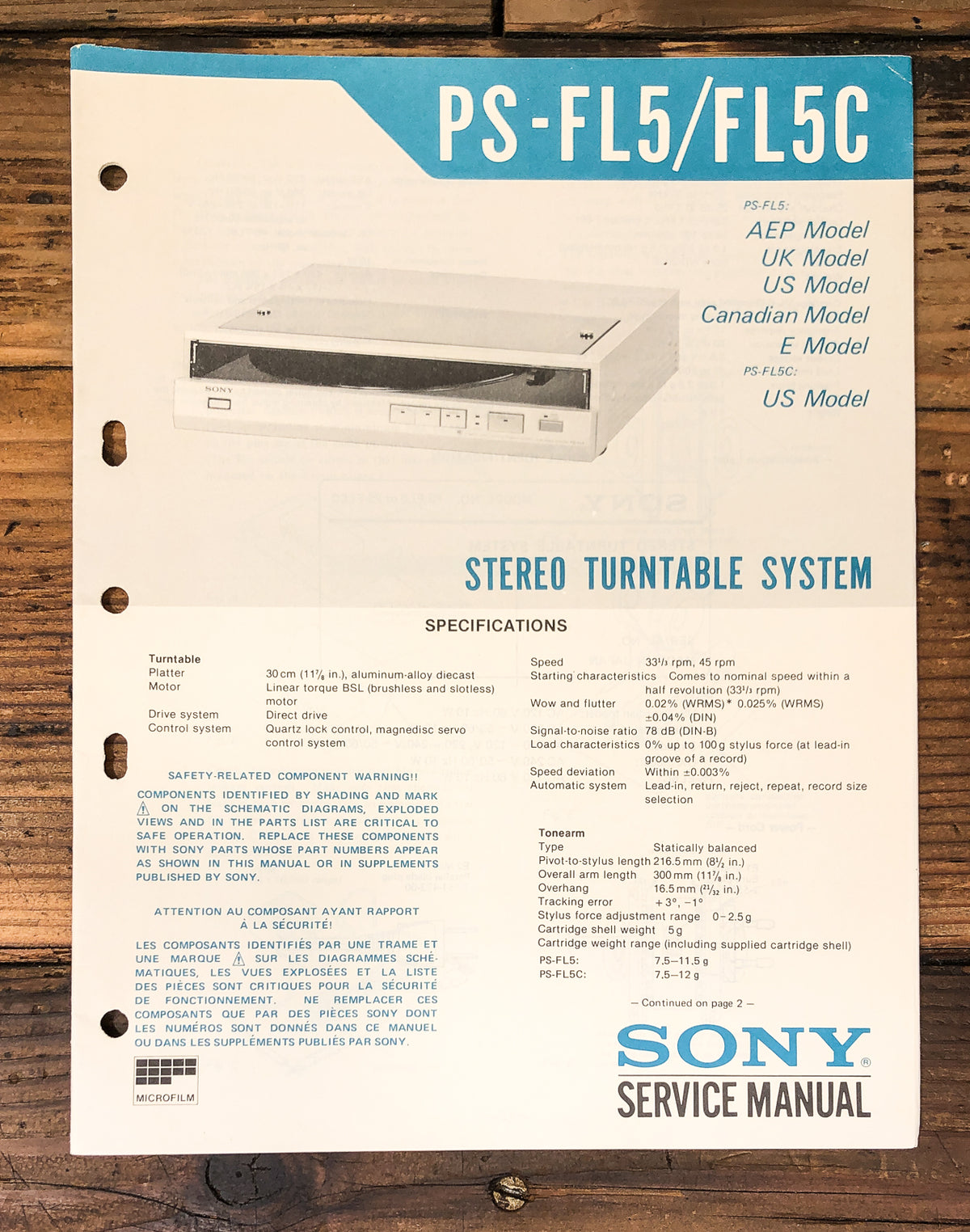 Sony PS-FL5 PS-FL5C Record Player / Turntable Service Manual *Original*