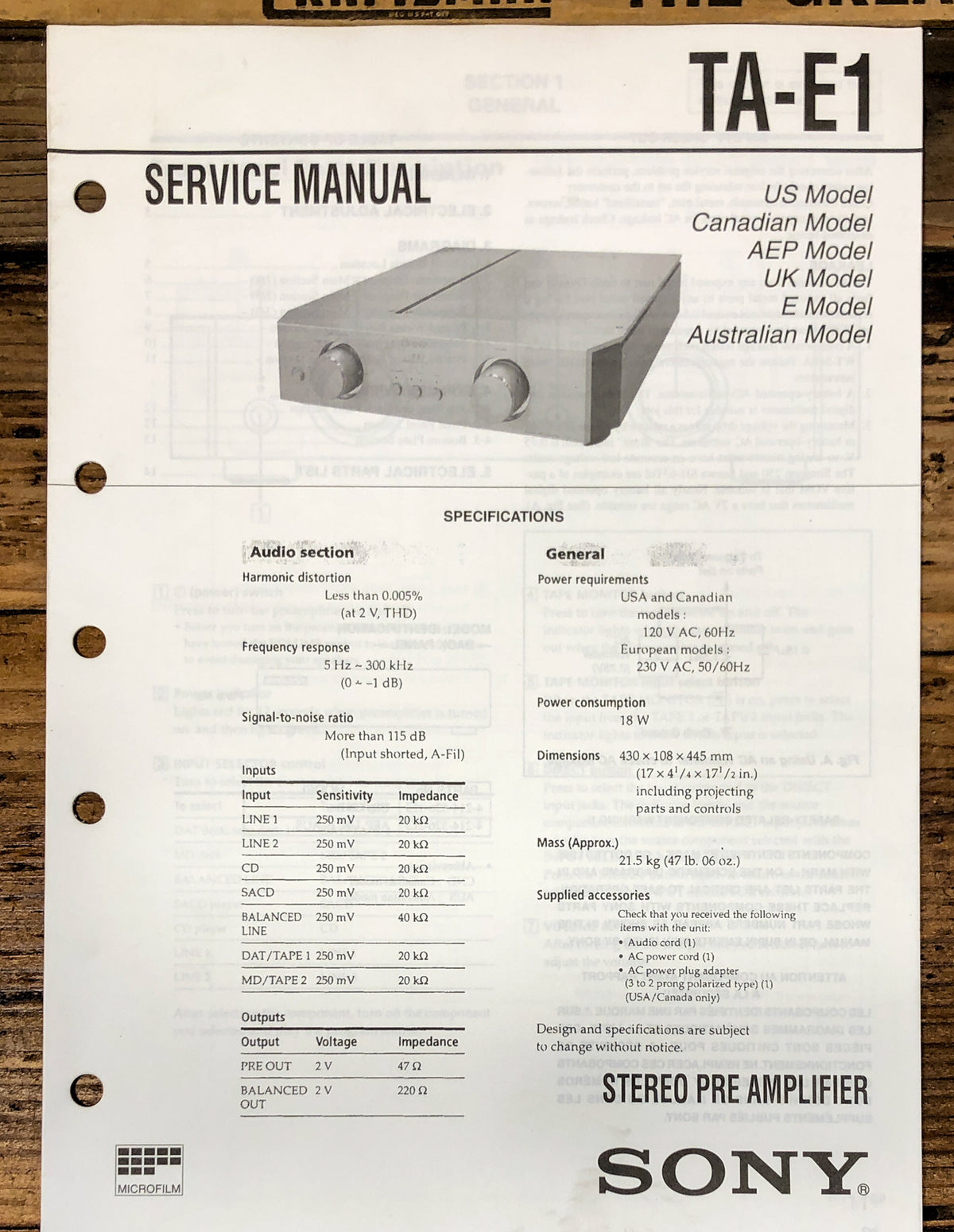 Sony TA-E1 Preamp / Preamplifier Service Manual *Original*
