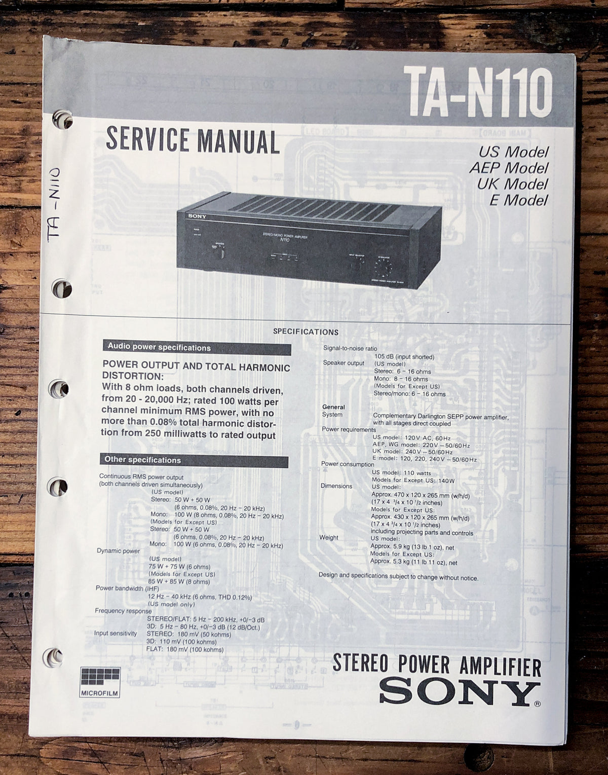 Sony TA-N110 Amplifier Service Manual *Original*