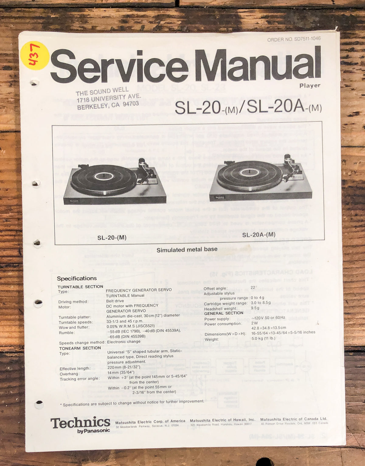 Technics SL-20 SL-20A Record Player / Turntable Service Manual *Original*