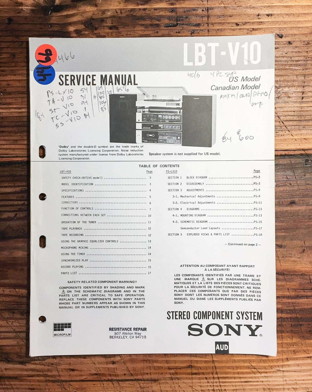 Sony LBT-V10 Stereo Service Manual *Original*