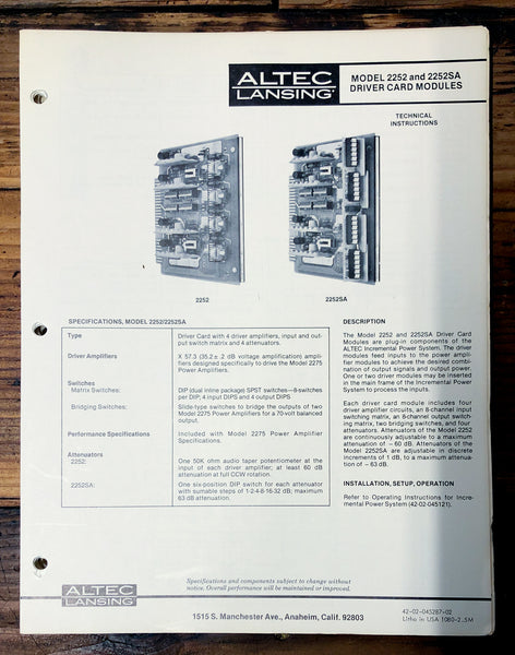 Altec Model 2252 2252SA Driver Card  Owners Manual & Schematic *Orig*