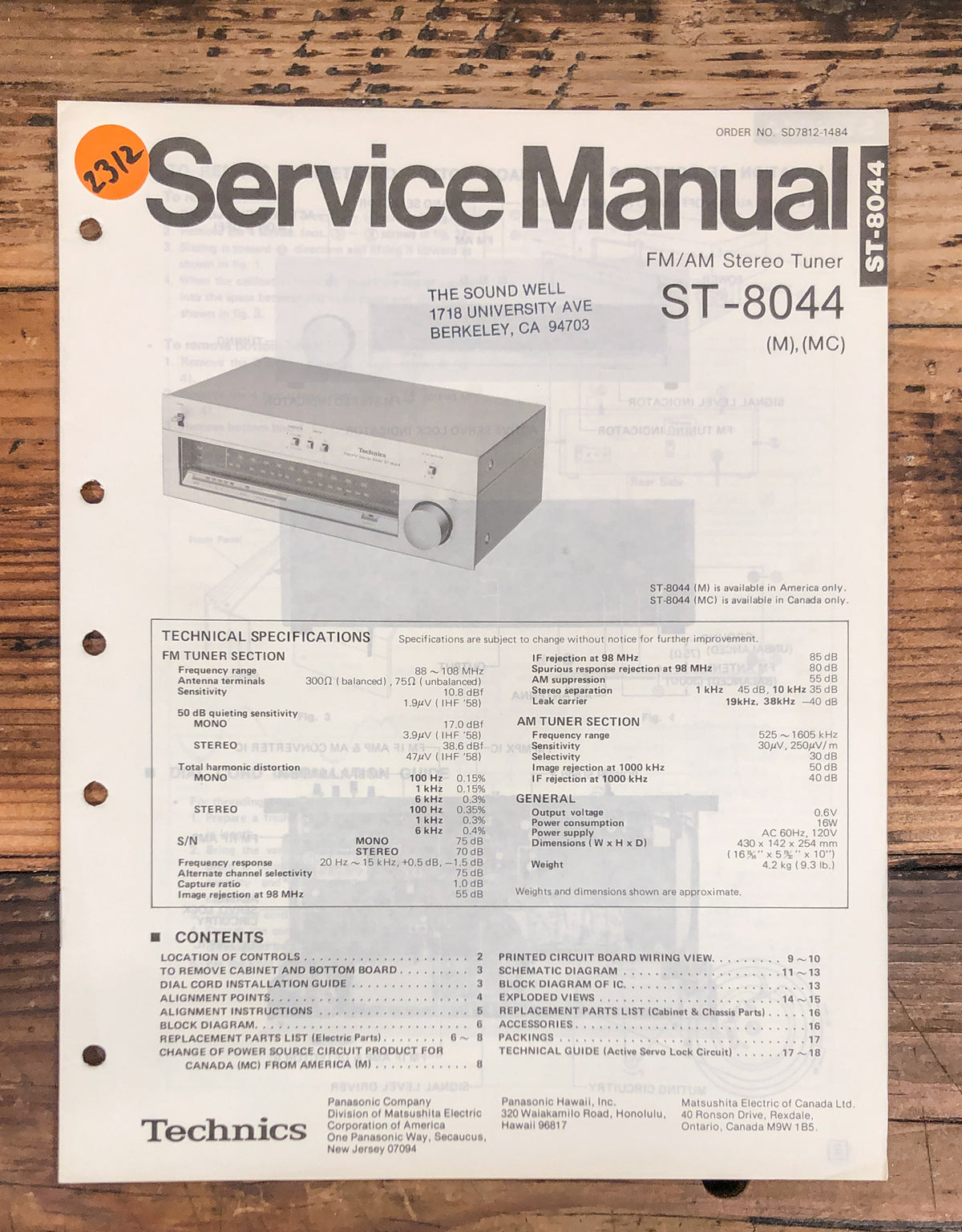 Technics ST-8044 Tuner Service Manual *Original*