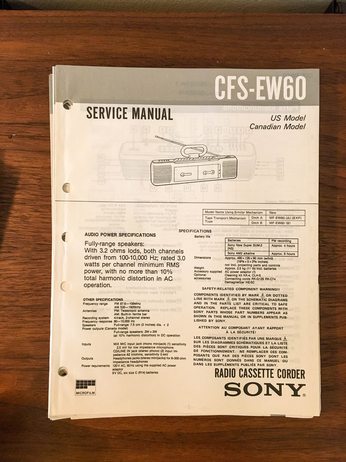 Sony CFS-EW60 RADIO CASSETTE Service Manual *Original*