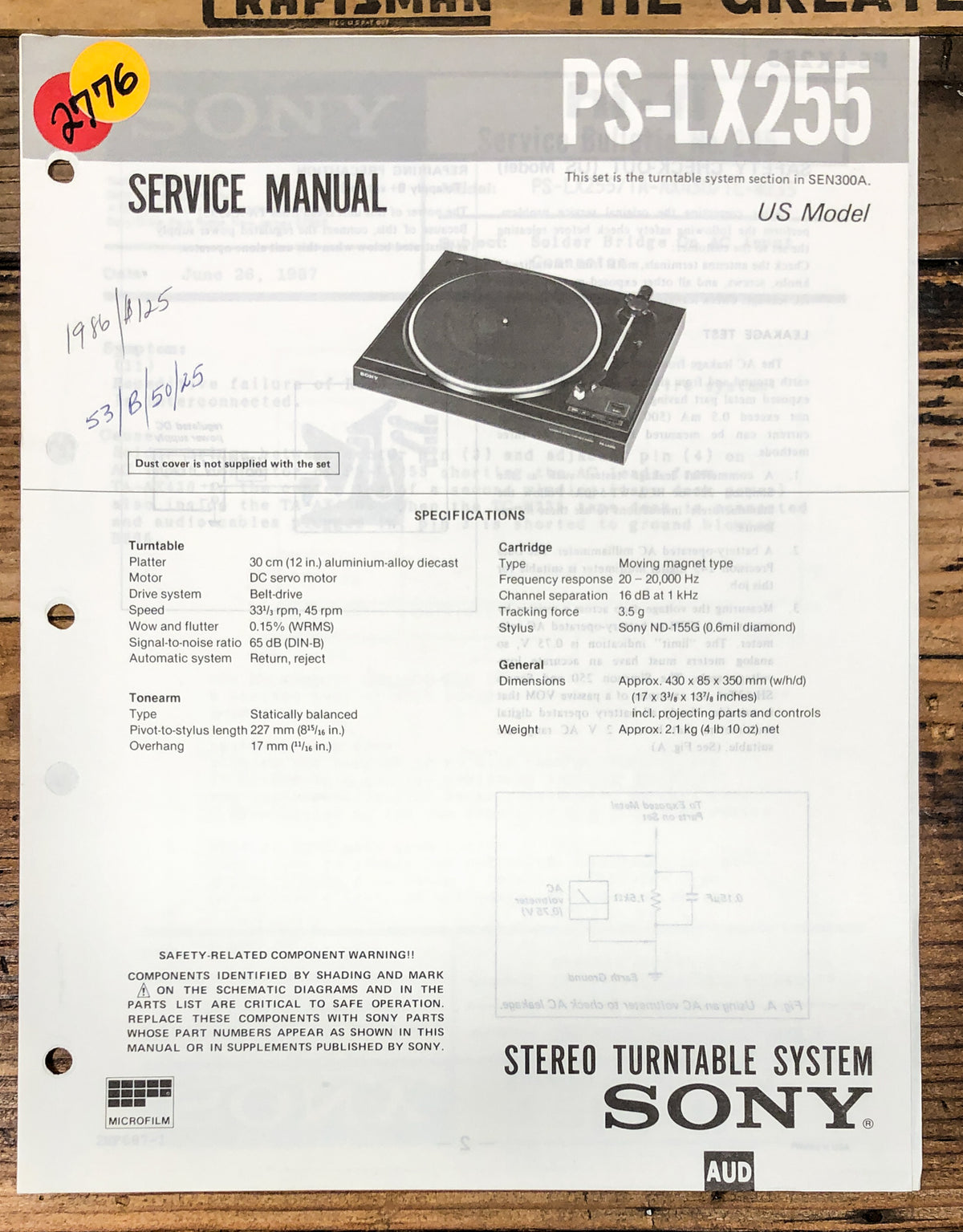 Sony PS-LX255 Record Player / Turntable Service Manual *Original*