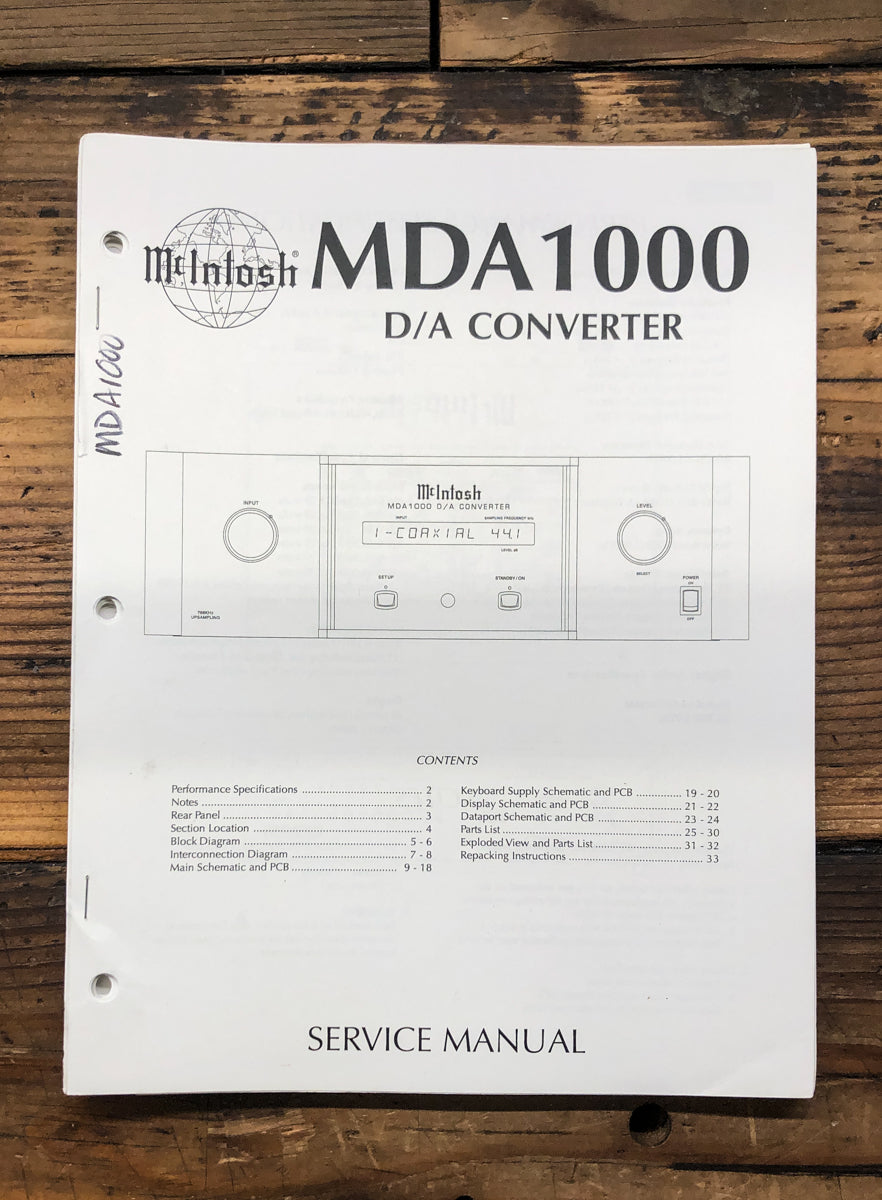 McIntosh MDA1000 MDA-1000 D/A Converter Service Manual *Original*