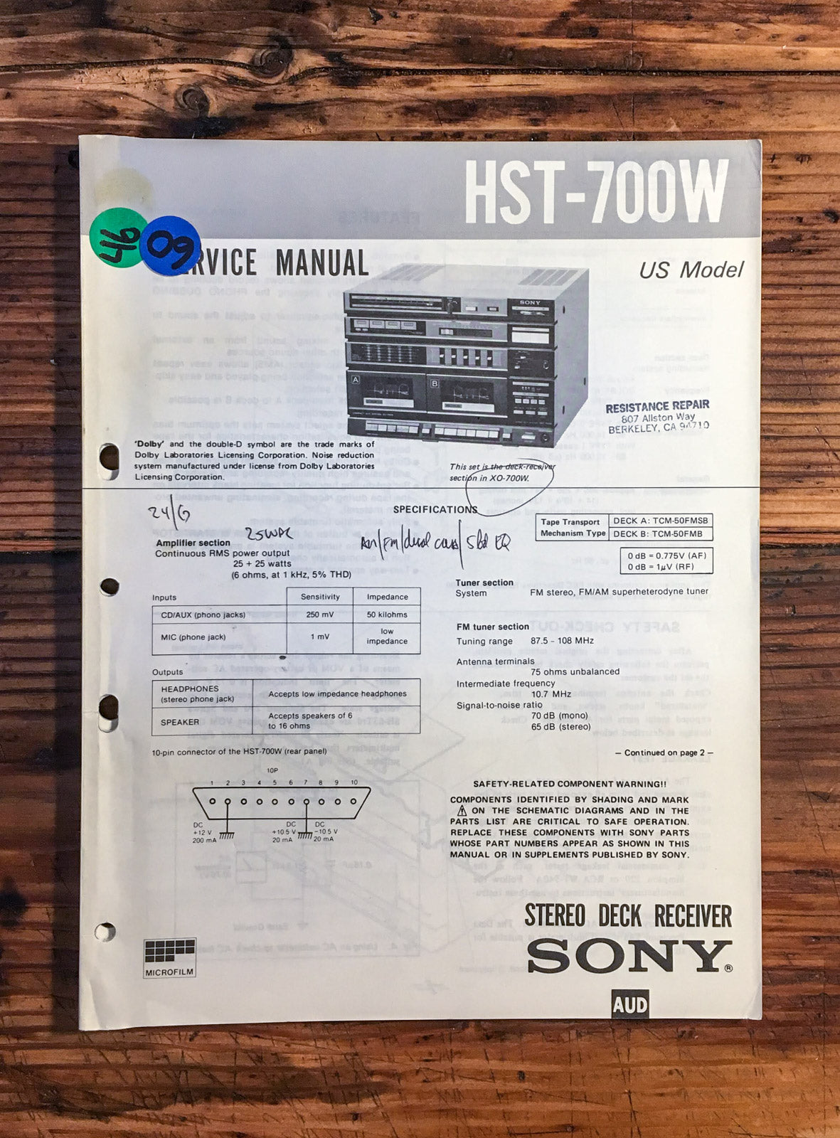 Sony HST-700W Stereo Service Manual *Original*