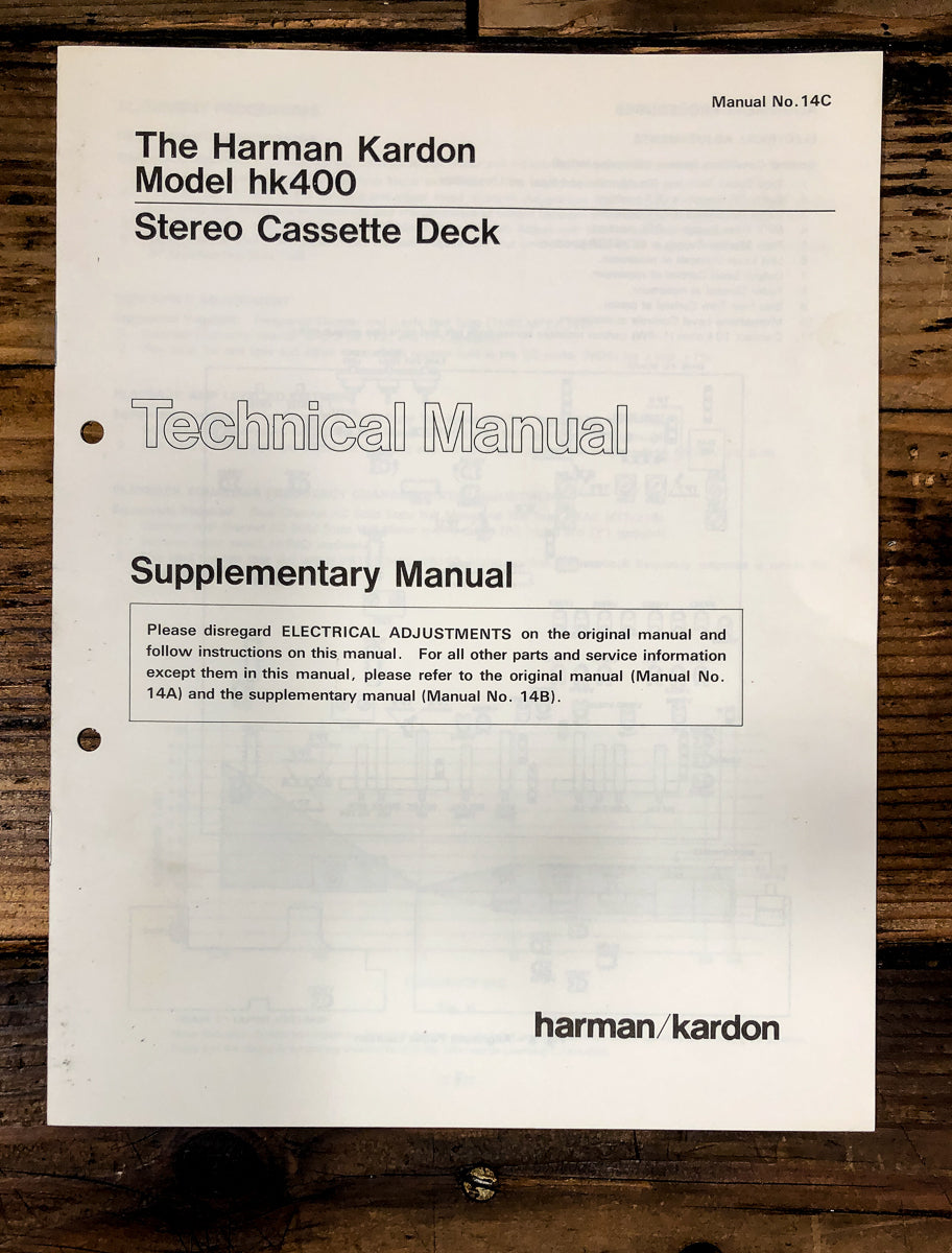 Harman Kardon HK400 HK-400 Cassette Supp. Service Manual *Original*