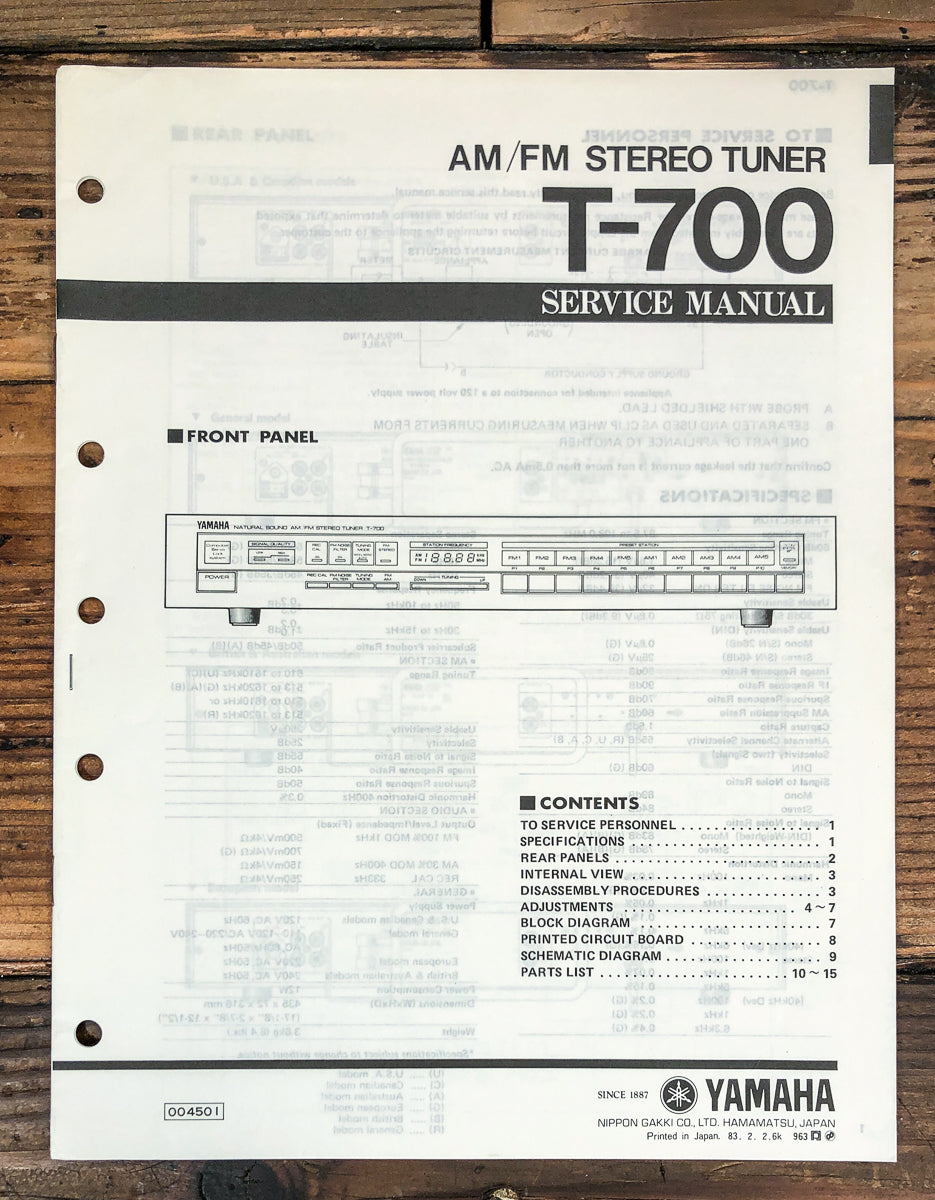 Yamaha T-700 Tuner Service Manual *Original*
