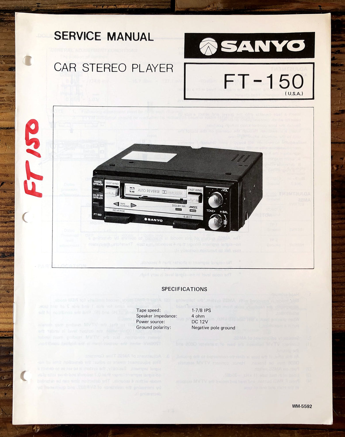 Sanyo FT-150 Car Stereo Player Service Manual *Original*