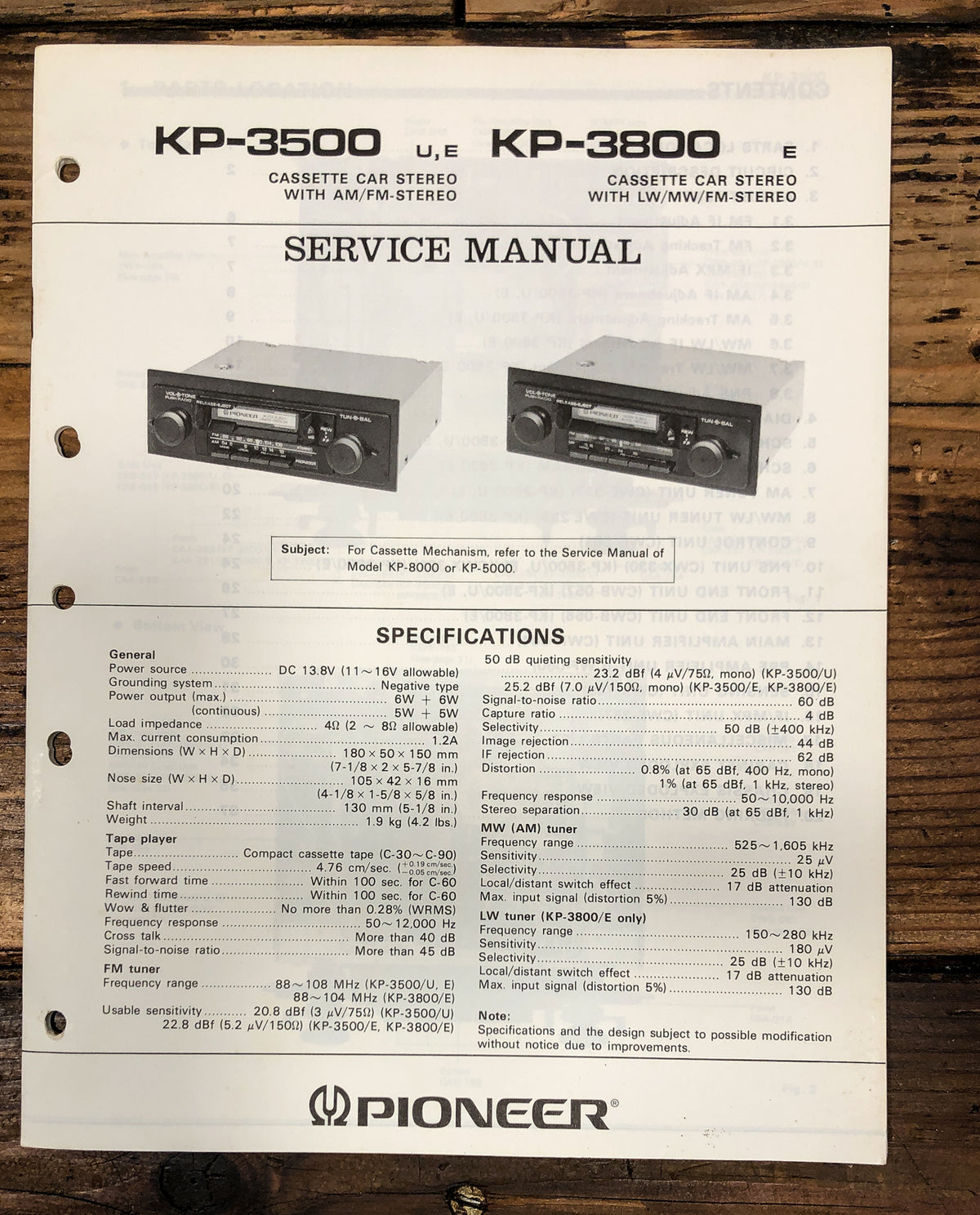 Pioneer KP-3500 KP-3800 Car Cassette Service Manual *Original*