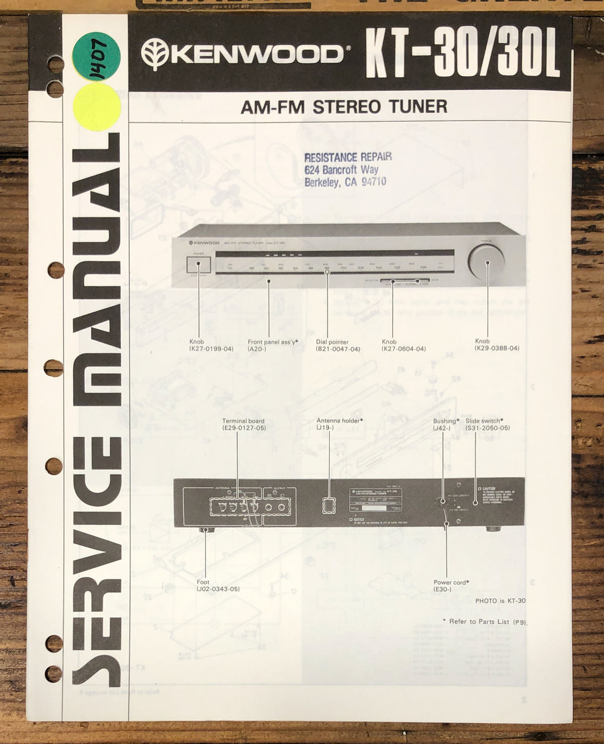 Kenwood KT-30 KT-30L Tuner Service Manual *Original*