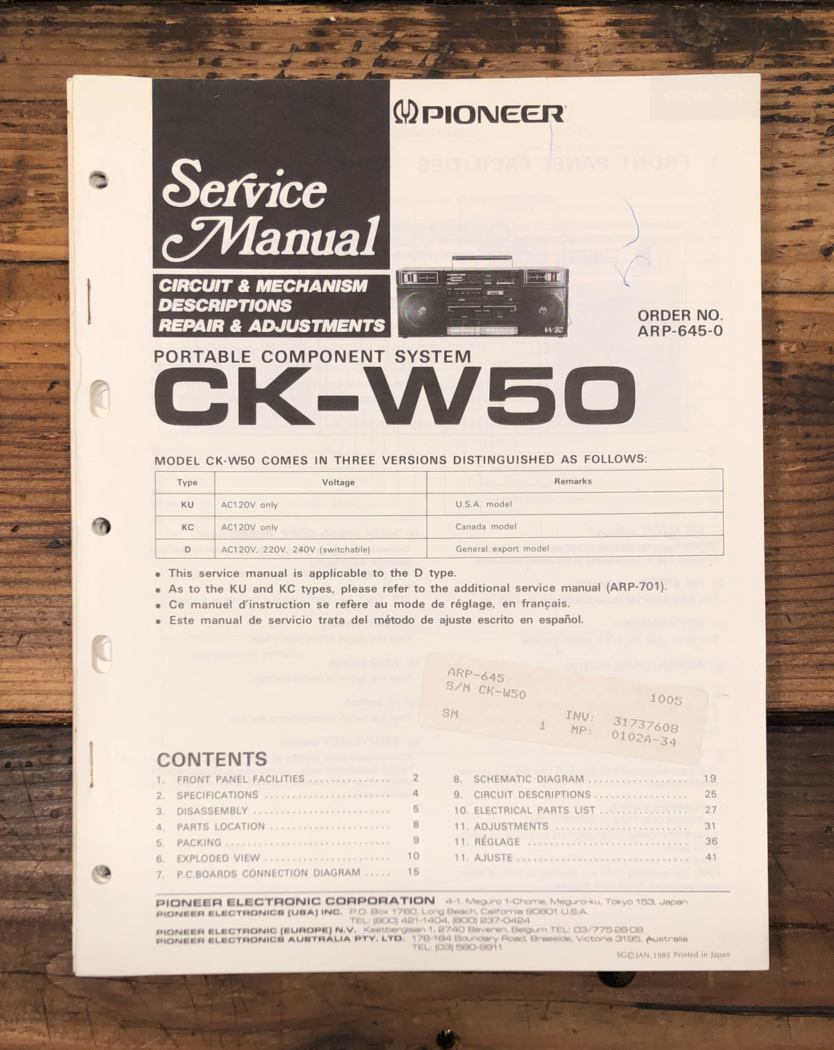 Pioneer CK-W50 Stereo Service Manual *Original*