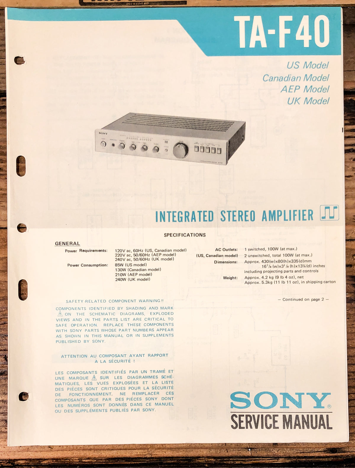 Sony TA-F40 Amplifier Service Manual *Original*