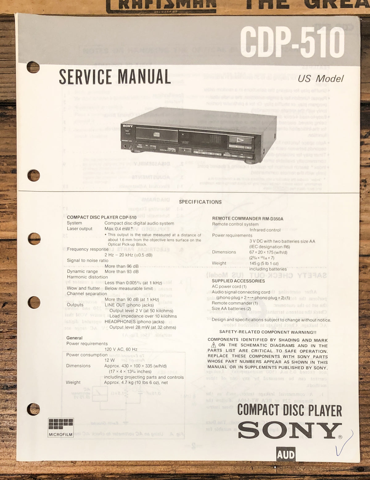 Sony CDP-510 CD Player Service Manual *Original*