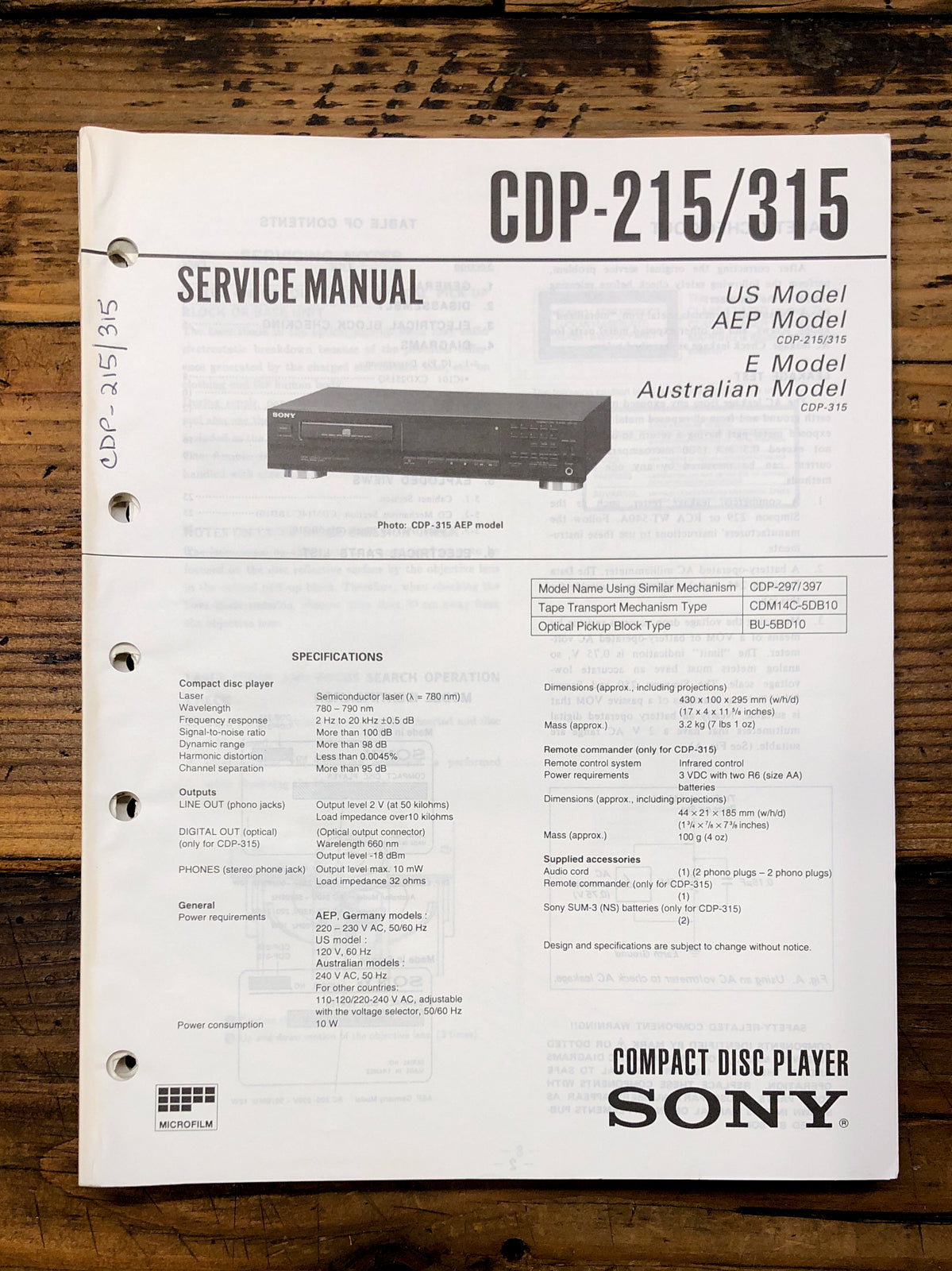 Sony CDP-215 CDP-315 CD Player Service Manual *Original*