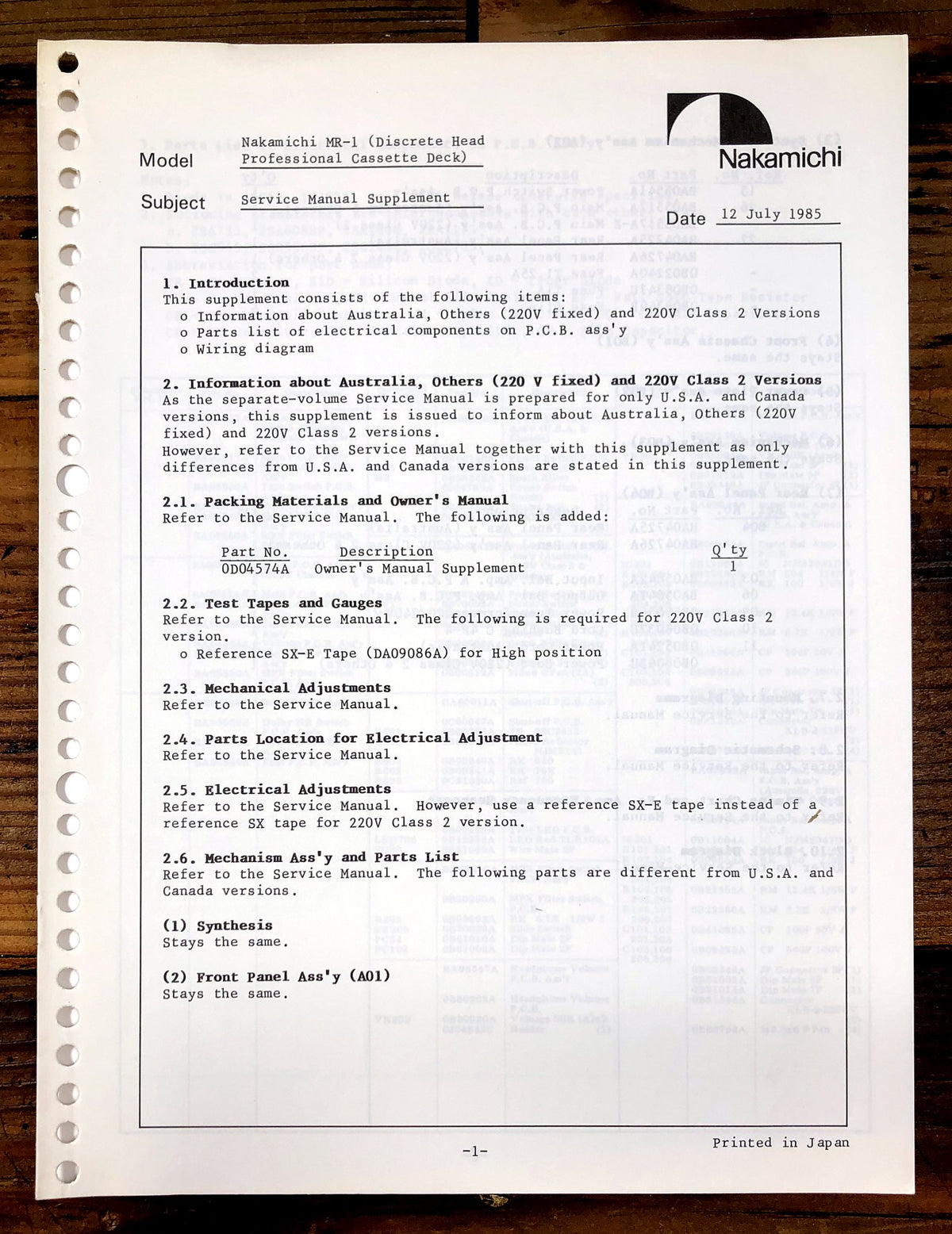 Nakamichi MR-1 Discrete Head Professional Supp. Service Manual *Original*