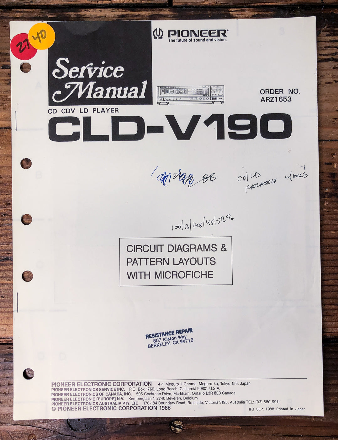 Pioneer CLD-V190 CD LD Player Service Manual *Original*