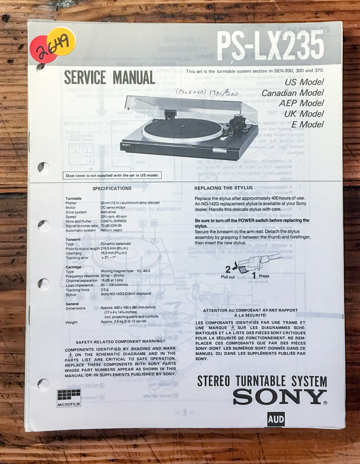 Sony PS-LX235 Record Player / Turntable Service Manual *Original*
