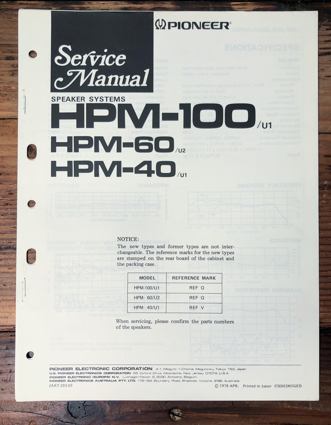 Pioneer HPM-100 HPM-60 HPM-40 U1/U2 Speaker System Service Manual *Original*
