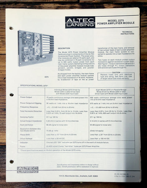 Altec Model 2275 Amplifier  Owners Manual & Schematic *Orig*