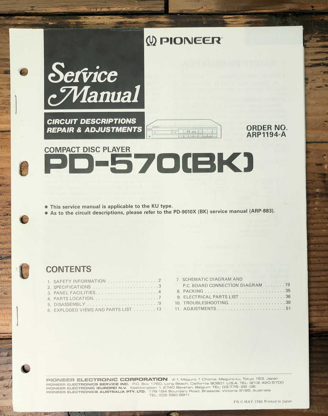 Pioneer PD-570 CD Player Service Manual *Original*