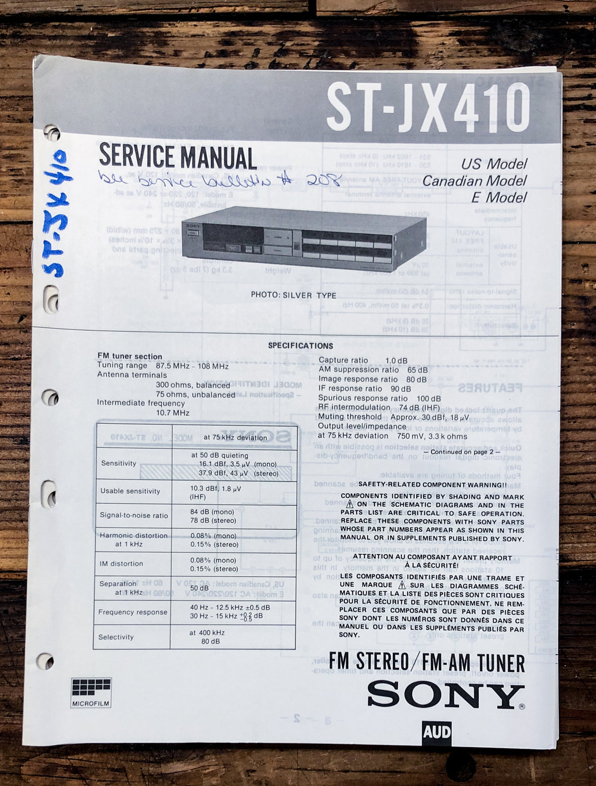 Sony ST-JX410 Tuner Service Manual *Original*