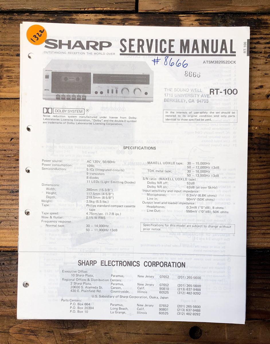 Sharp RT-100 Cassette Service Manual *Original*