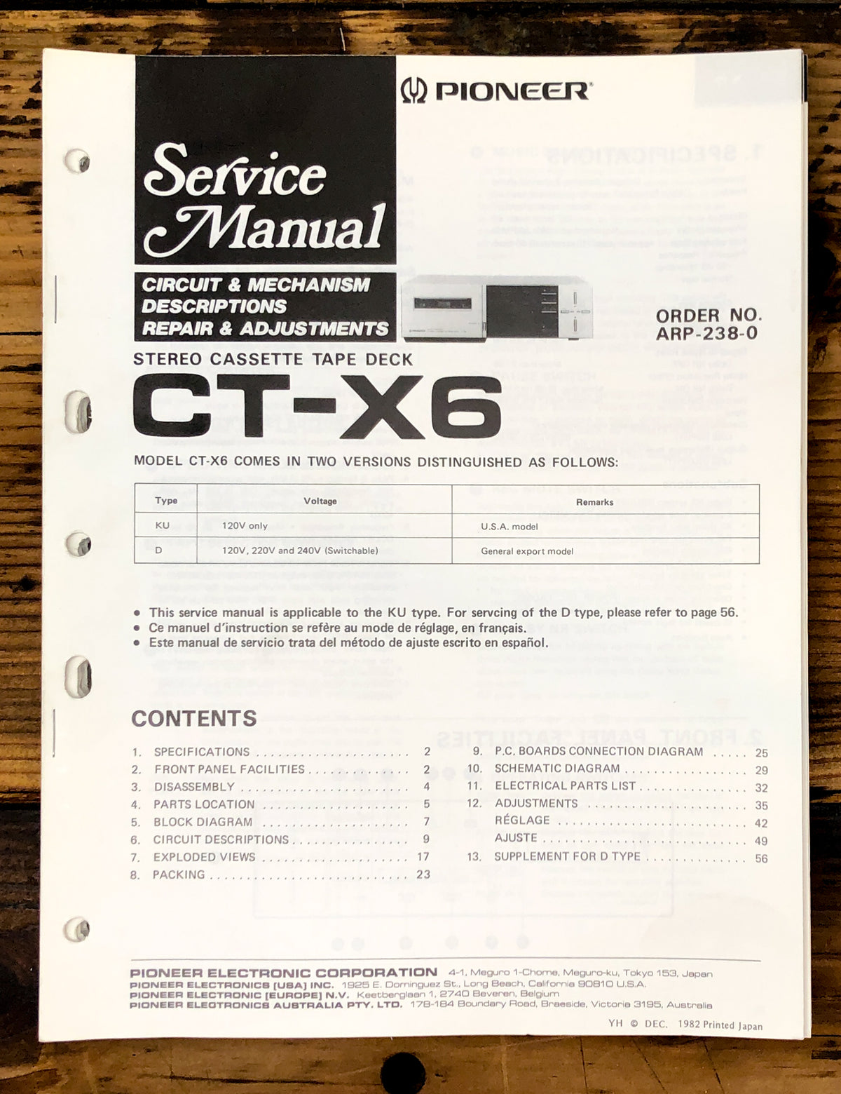 Pioneer CT-X6 Cassette Service Manual *Original*