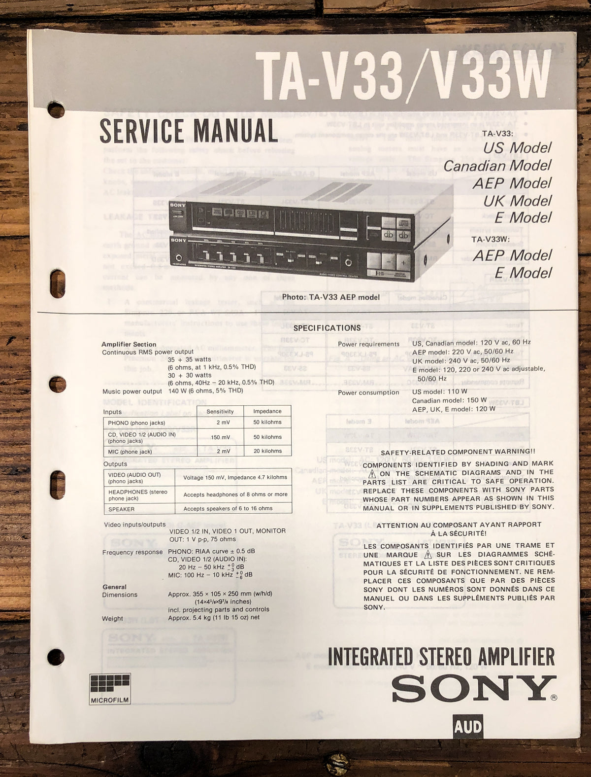 Sony TA-V33 TA-V33W Amplifier Service Manual *Original*