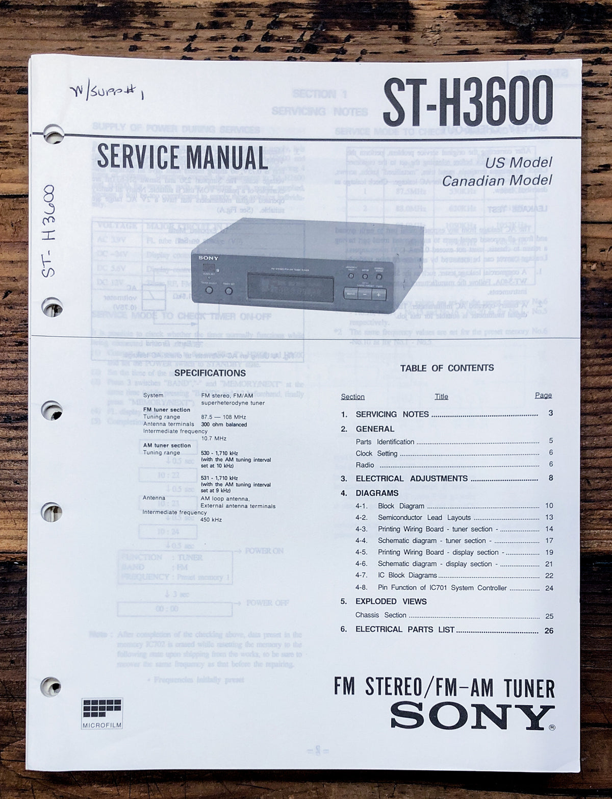 Sony ST-H3600 Tuner Service Manual *Original*