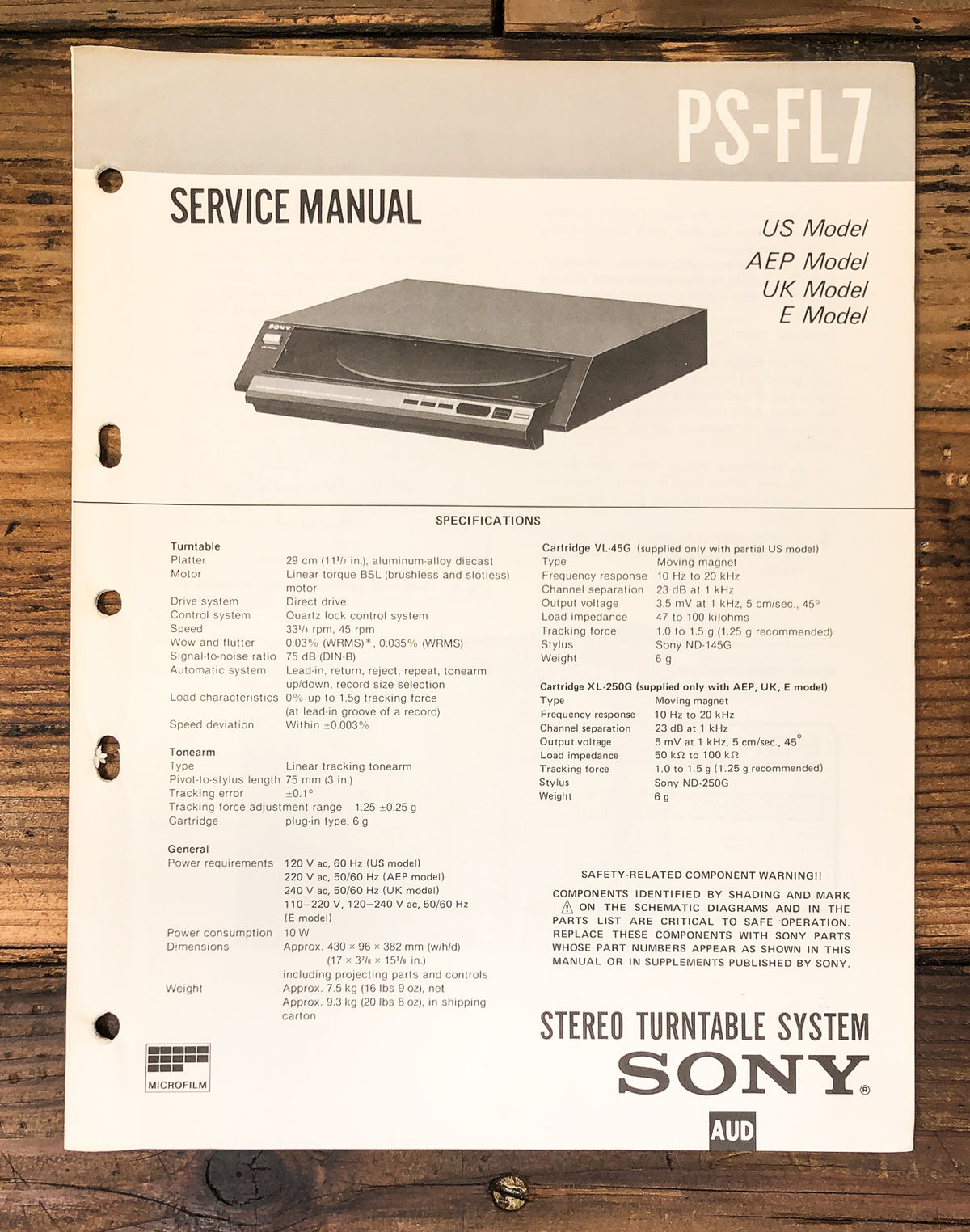 Sony PS-FL7 Record Player / Turntable Service Manual *Original*