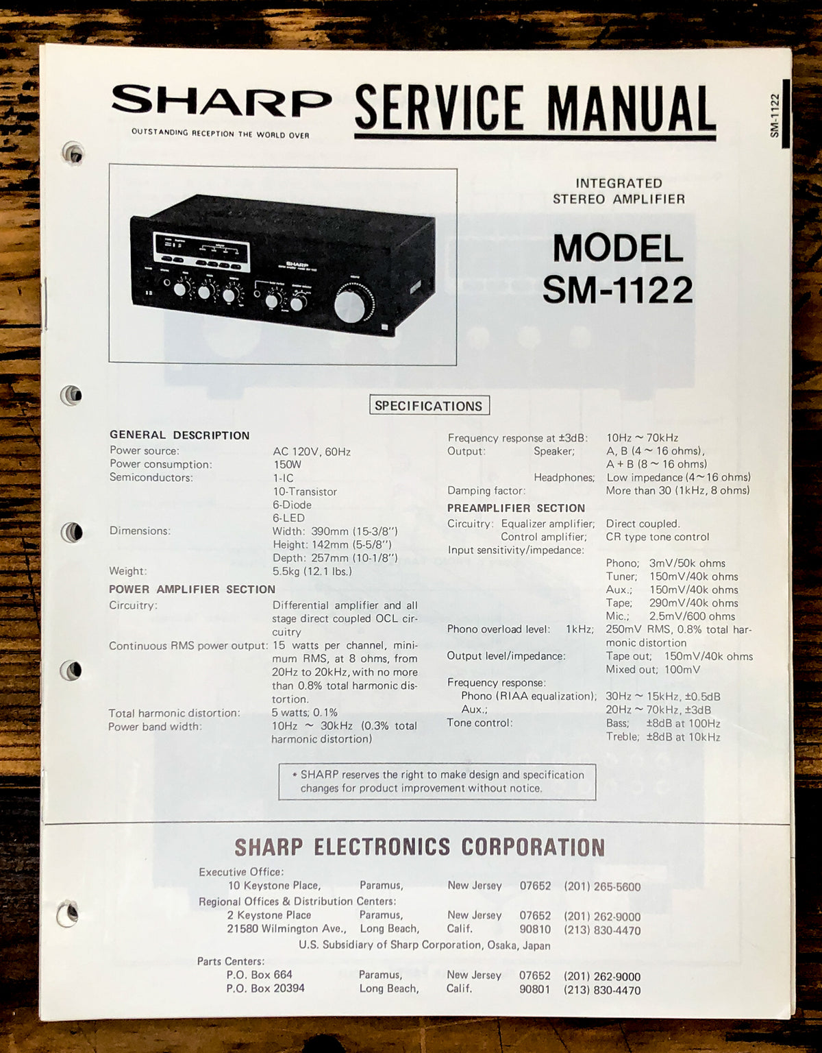 Sharp SM-1122 Amplifier Service Manual *Original*