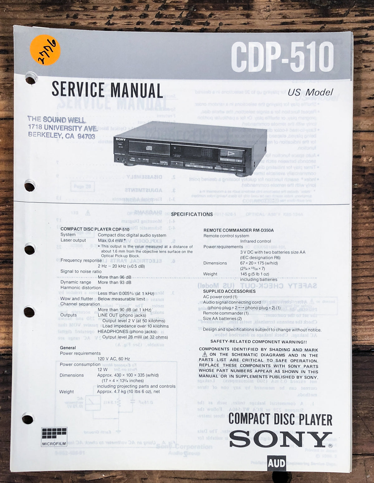 Sony CDP-510 CD Player Service Manual *Original*