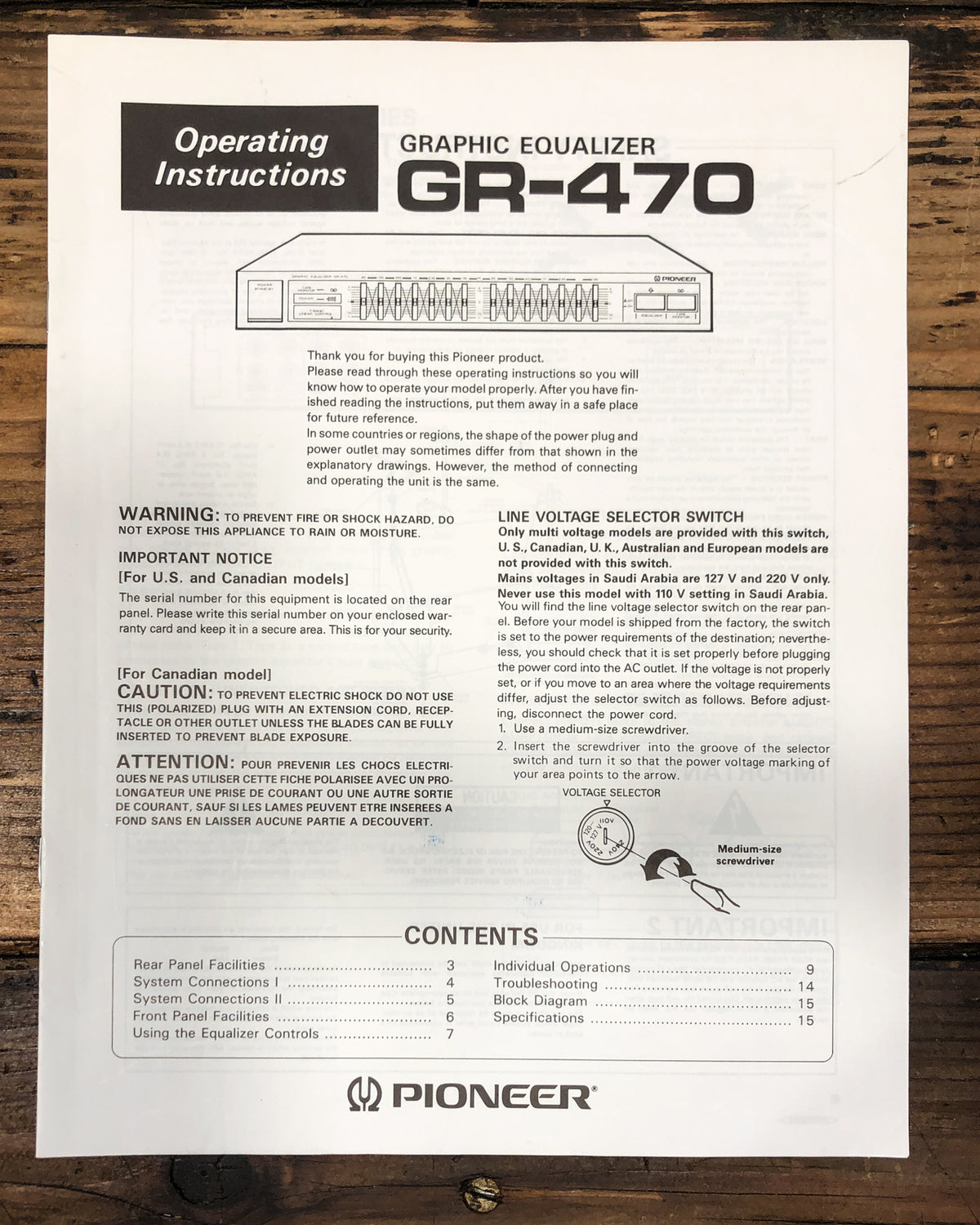 Pioneer GR-470 Equalizer Owners / User Manual *Original*